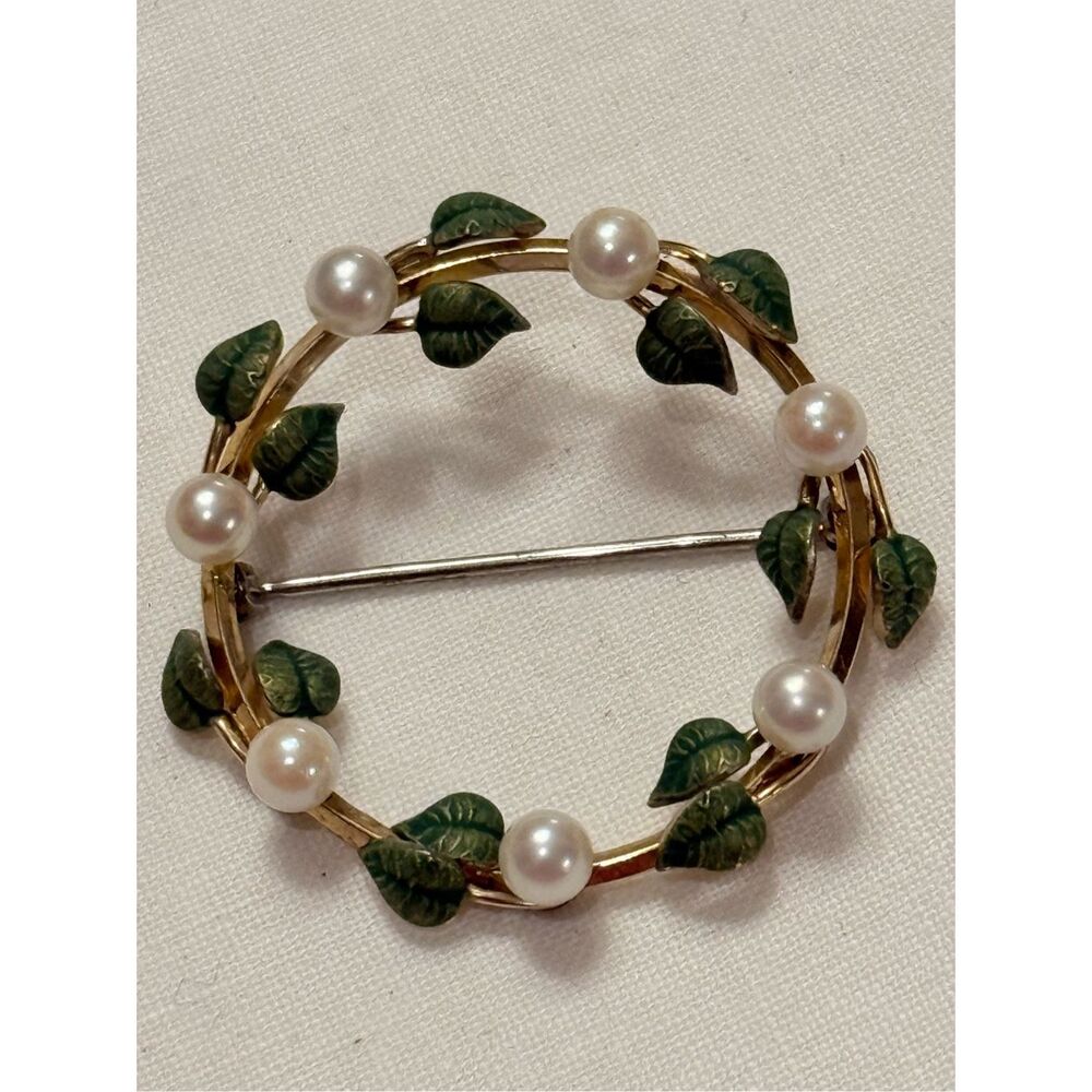 Vintage Krementz Wreath Pearl Green Leaf Gold Fill Brooch
